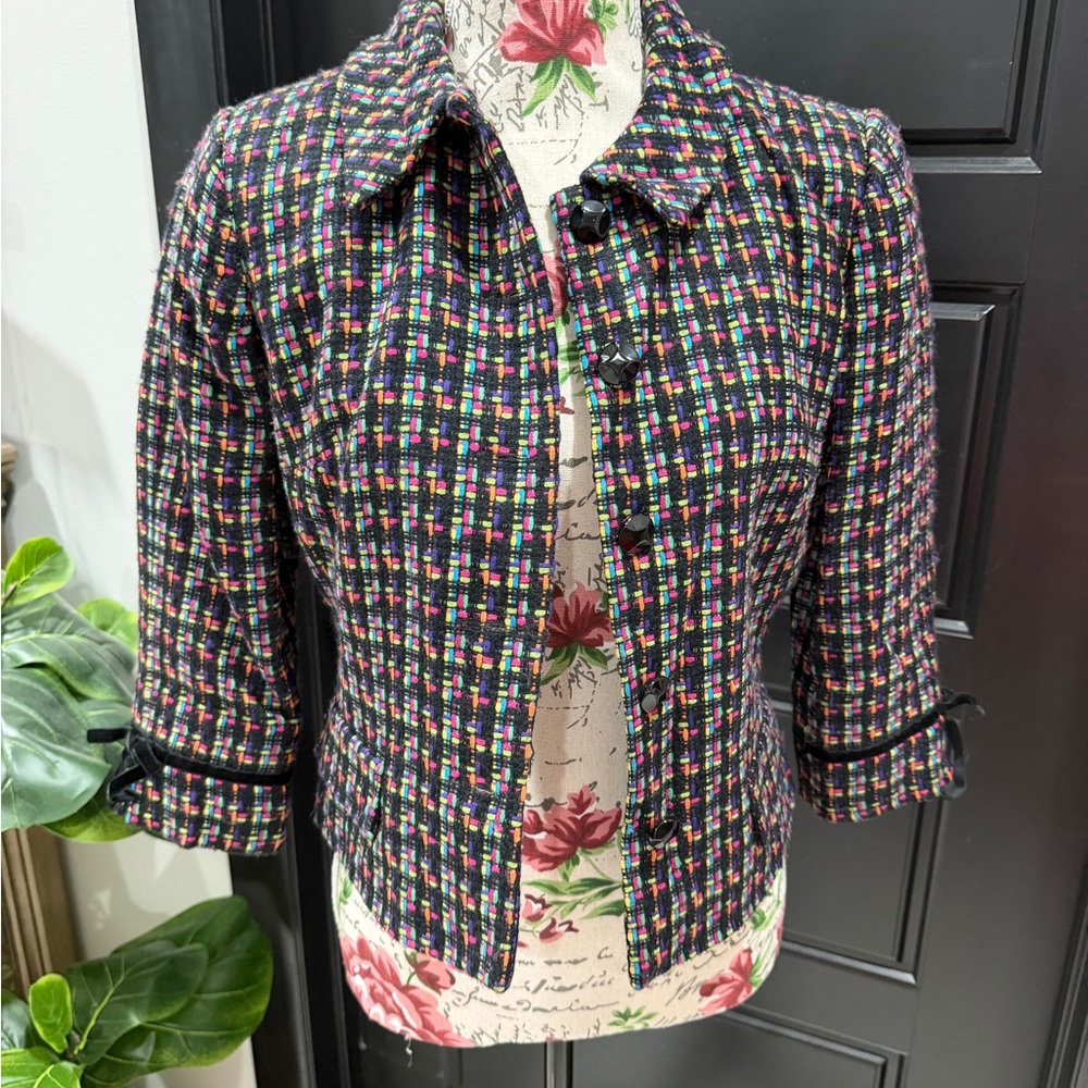 London Times Multicolor Tweed Crop Jacket - Black Base with Pink & Blue Accents - Picture 2 of 9